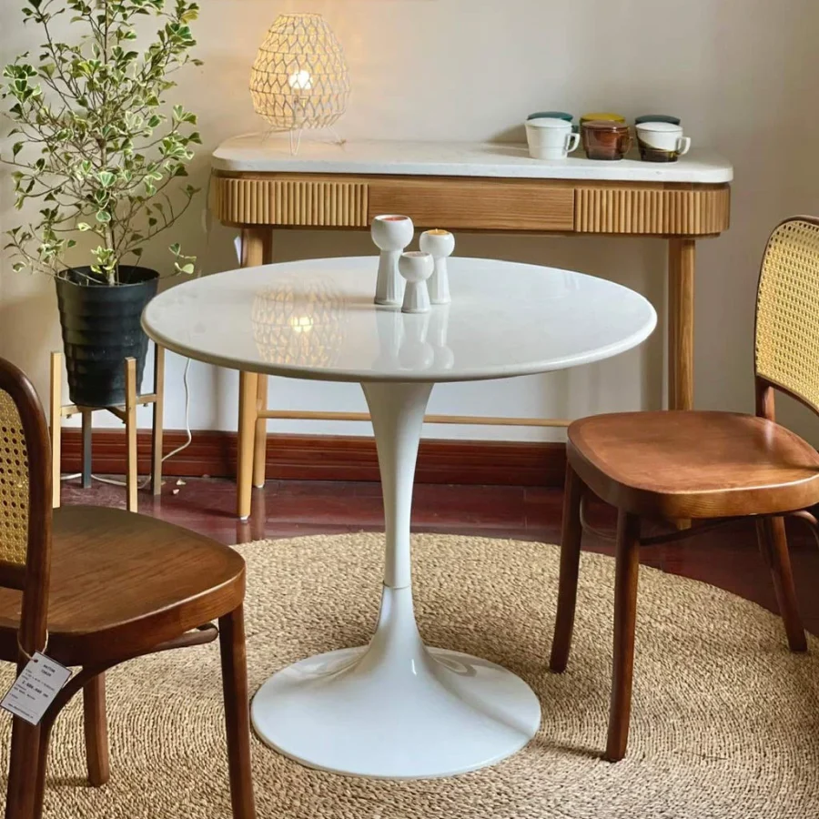 Bàn Mặt Kính Tròn Chân Tulip Trắng- BT11MT